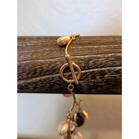 Gold Tone Colored Pearl Crystal Glass Amber Bead Scalloped Bar Toggle Bracelet - Picture 4 of 8